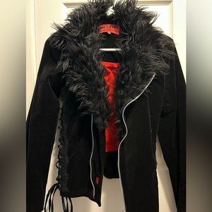 SUPER RARE Tripp jacket S fur collar, black, corset sides, very cute